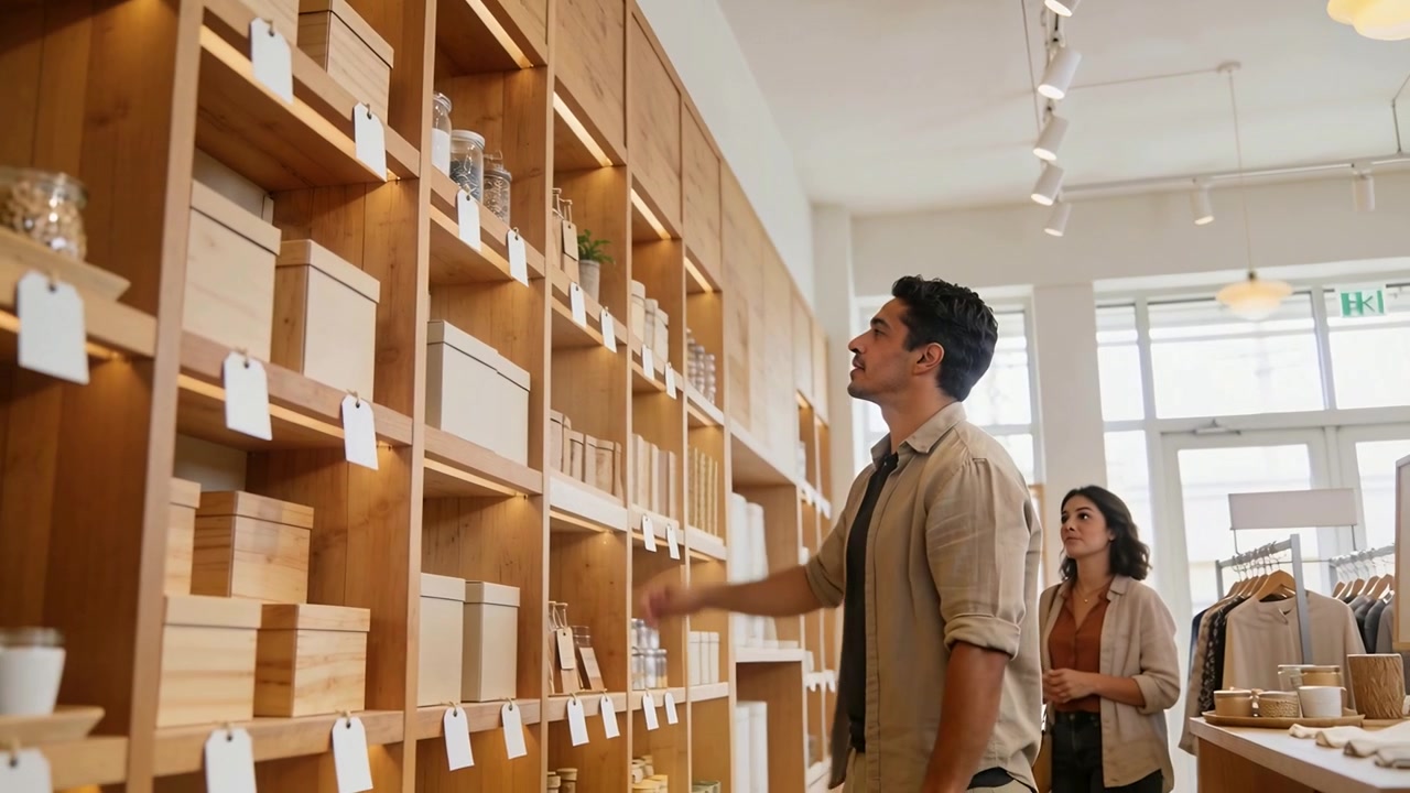 Uomo che nota una scatola etichettata, si protende e ispeziona le scatole, mentre sfoglia in una boutique con scaffalature in legno.