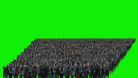 green screen: big crowd of people having fun, jumping and celebrating at sport event, concert, festival, party. back view. chroma key, black screen, silhouette white people on black background