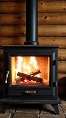 cozy wood burning stove in a log cabin