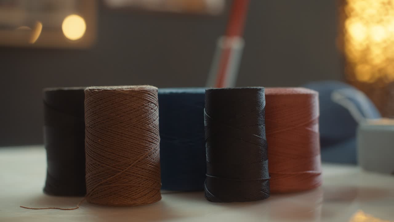 Artisan picks and takes a yarn of waxed thread used in leatherwork