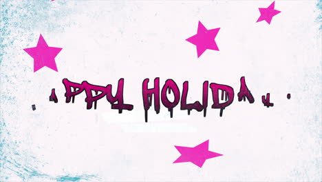 saludos alegres de vacaciones con estrellas rosas y texto de estilo graffiti