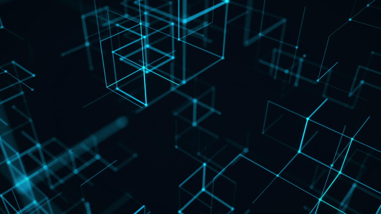 Blue Neon Digital Cubes Forming a Futuristic Tech Space. Looped 3D rendering