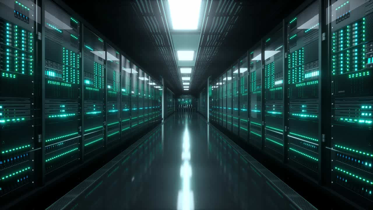Inside Large Data Center. Advanced Cloud Computing Concept. Corridor With Server Racks And Cabinets Full Of Hard Drives