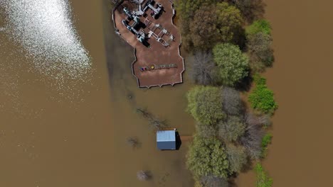 aerial footage top down shot of flood damage sustained at liberty park in clarksville, tennessee