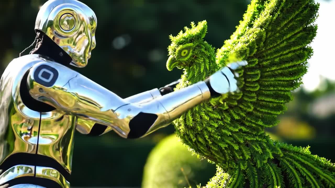 A Captivating Interaction Between a Futuristic Robot and an Exquisite Green Phoenix Sculpture, Showcasing Nature’s Beauty and Technology’s Marvel