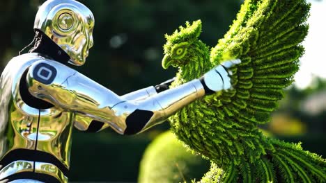 a captivating interaction between a futuristic robot and an exquisite green phoenix sculpture, showcasing nature’s beauty and technology’s marvel