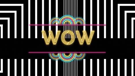 Animation-of-glowing-yellow-neon-wow-text-over-white-stripes-on-black-background