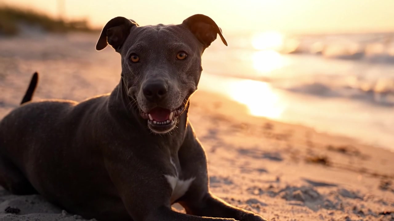 Un cane rilassato che si gode un bellissimo tramonto sulla spiaggia, emanando pace e serenità tra le dolci onde e la sabbia soffice della riva.