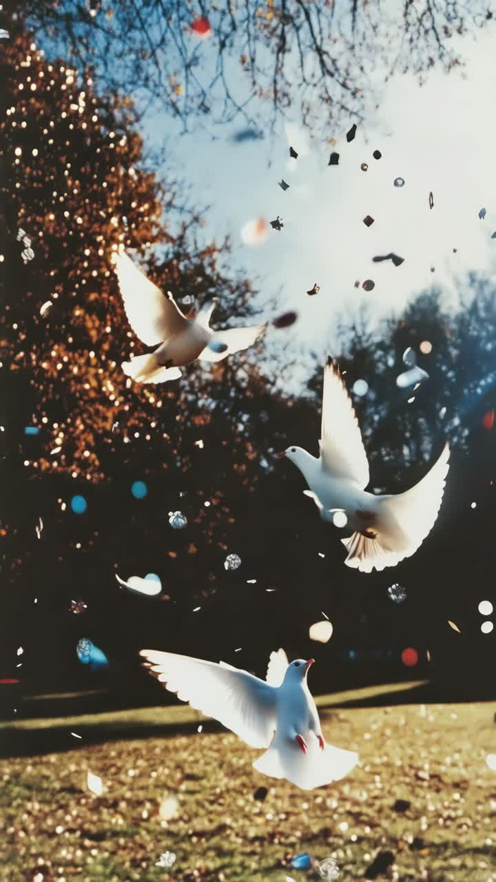 A serene video scene of doves mid-flight, captured from a low angle against a sunlit autumn