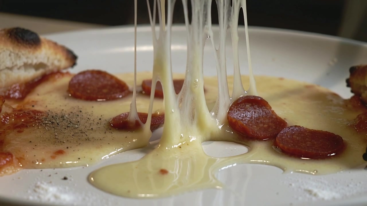 Piercing metal fork lifting cheese strands from pepperoni pizza on white plate for eating