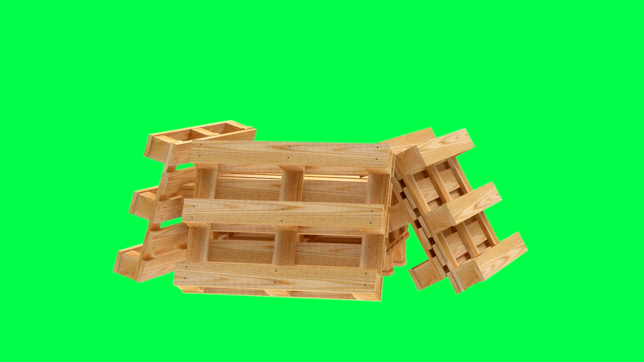 rotación de animación 3d de una pila de paletas de madera en una pantalla verde. 4k