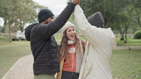 Diversity,-friends-and-high-five-in-park