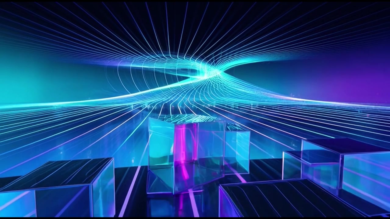 Abstract Digital Background with Glowing Neon Cubes and Light Trails
