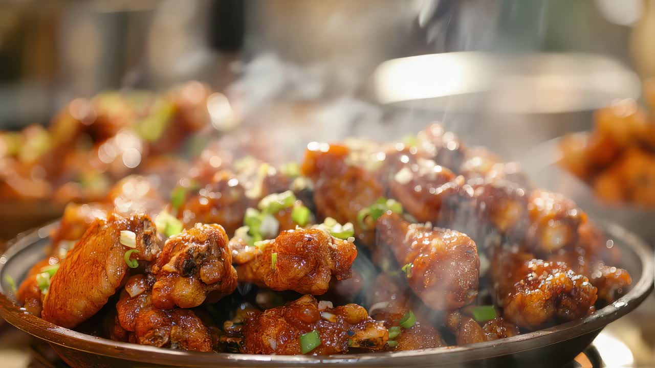 Delicious chicken legs and wings seasoned and cooked to perfection, steaming hot and garnished with freshly chopped green onions, ready to be served
