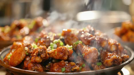 delicious chicken legs and wings seasoned and cooked to perfection, steaming hot and garnished with freshly chopped green onions, ready to be served