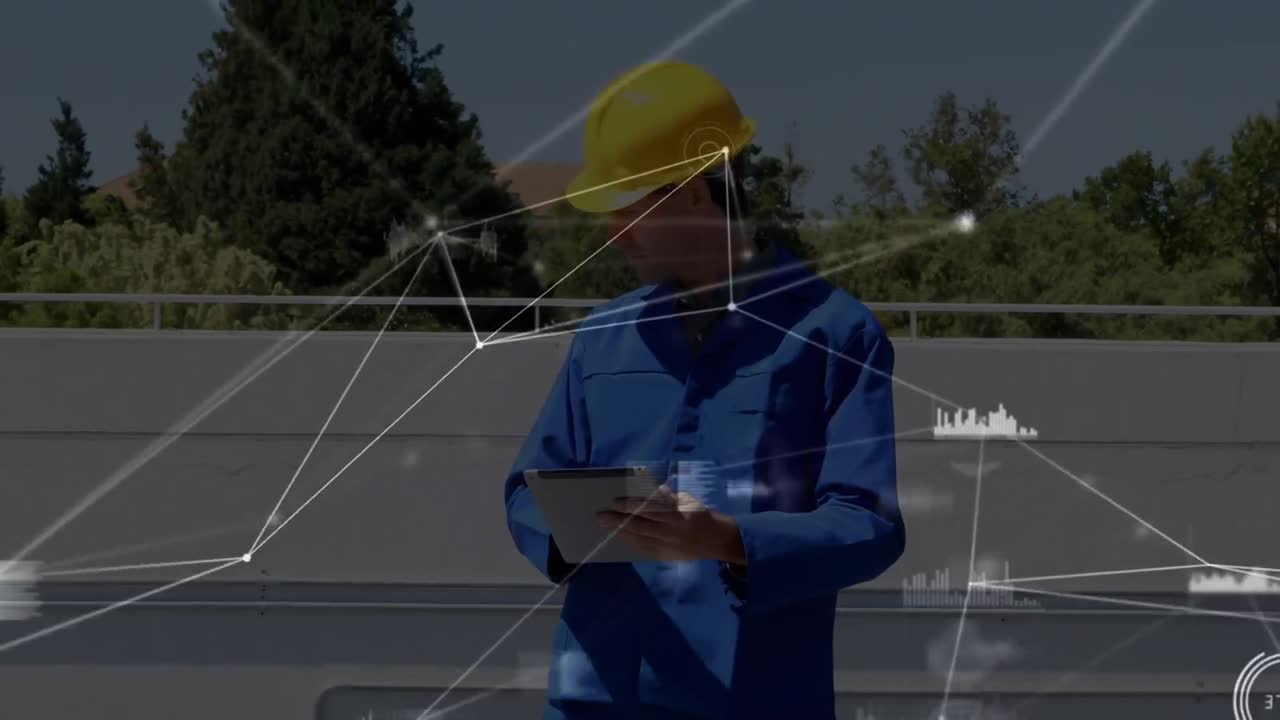 Animation of network of connections over solar panels and caucasian male engineer
