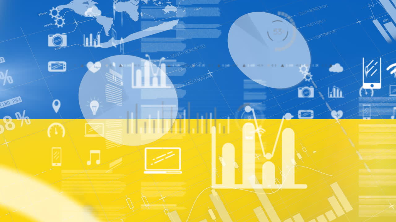 анимация иконок, графиков и финансовых данных над флагом украины