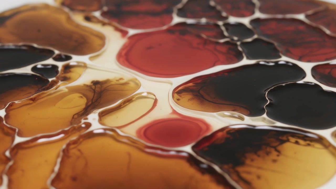 Se muestran charcos ámbar, rojo y negro extendiéndose sobre una superficie blanca brillante en un estudio, debido al movimiento de fluidos.