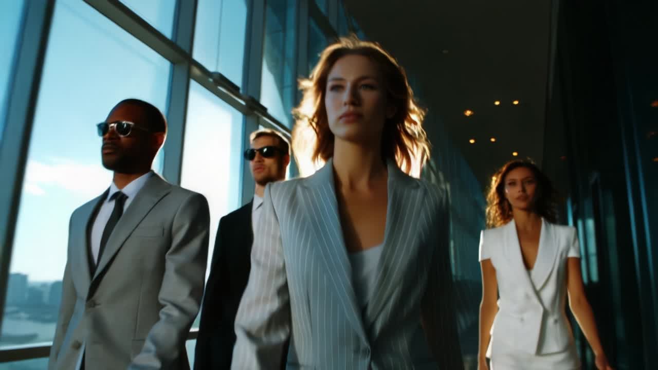 Confident Business Team Walking in Modern Office