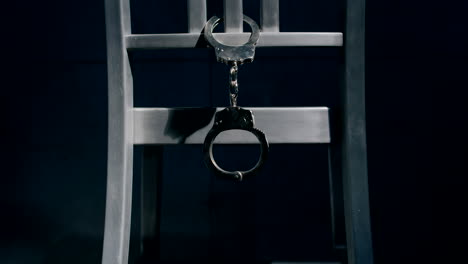 medium tracking shot of a pair of handcuffs dangling from the back of a chair