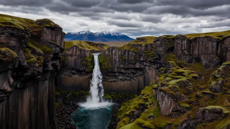 icelandic waterfall in a dramatic mountain landscape