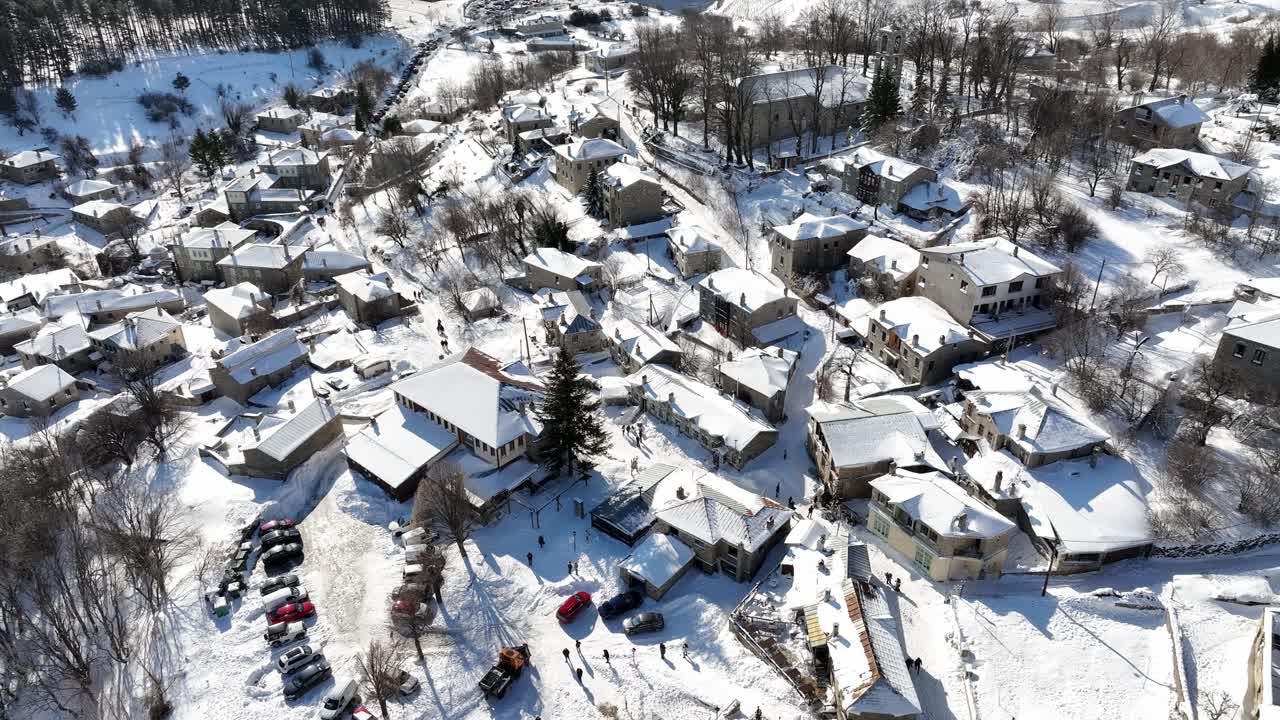 Aerial view of Nymfaio, charming stone-built village, preserved heritage of Greece