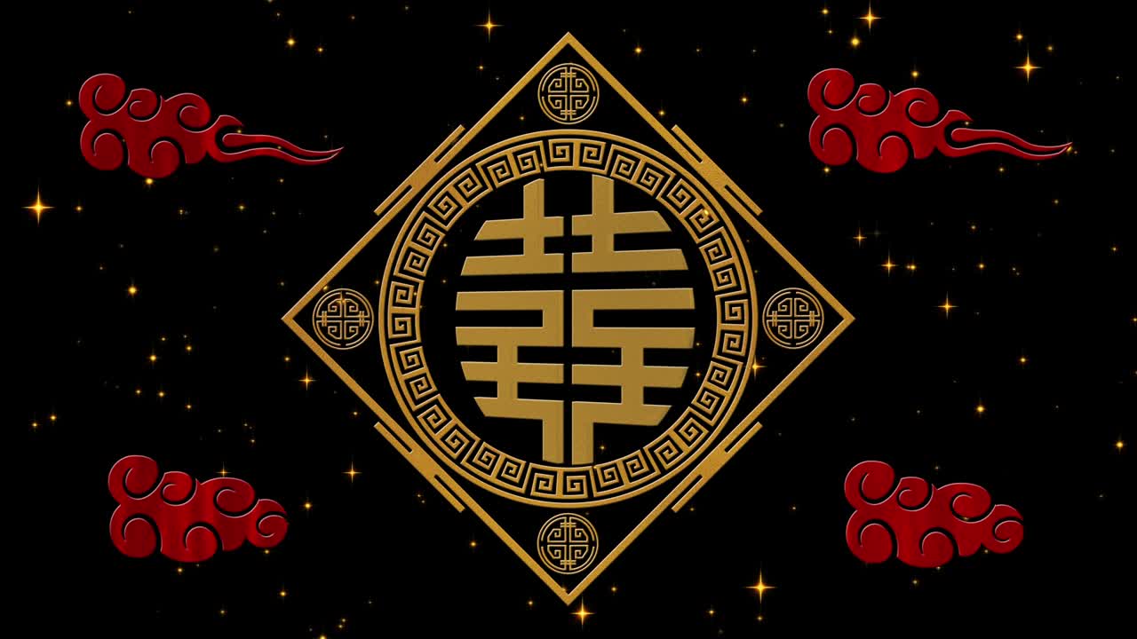 año nuevo lunar, fondo del festival de primavera con doble felicidad, símbolo, nubes, estrellas relucientes. telón de fondo de la noche negra del año nuevo chino para el evento. animación de renderización 3d. bucle sin costuras 4k video