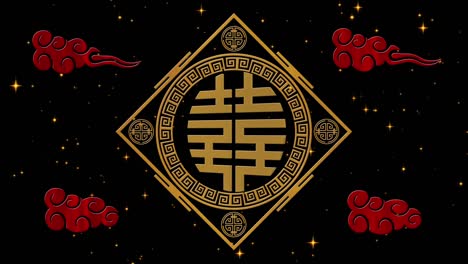 lunar new year, spring festival background with double happiness, simbol, clouds, glittering stars. chinese new year black night backdrop for event. 3d rendering animation. seamless loop 4k video