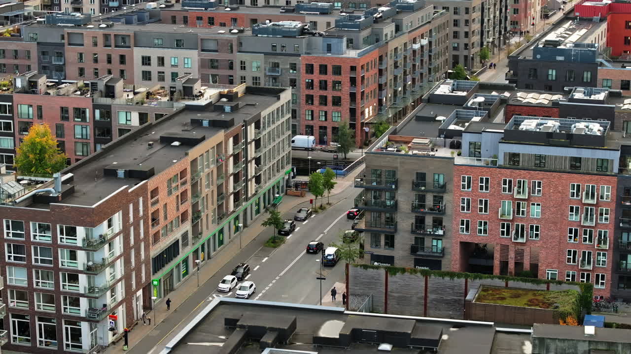 Aerial drone view of the Teglholmen peninsula in the South Harbour of Copenhagen, Denmark