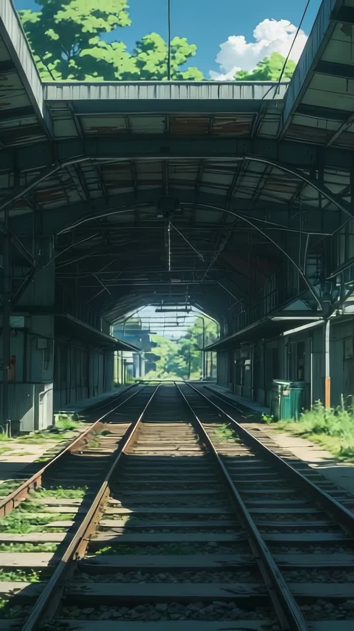 Vertical video: Streaming sunlight through canopy under clear sky on platform, with tracks, bin