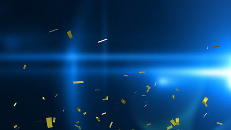 golden confetti falling against blue light beams background