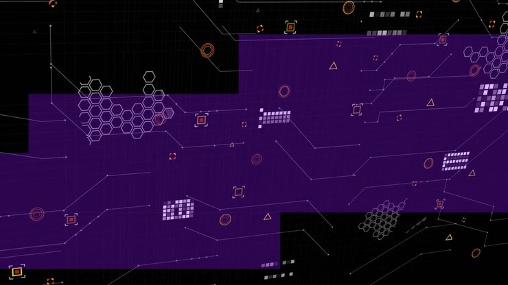 Animation of data processing over purple shapes on black background