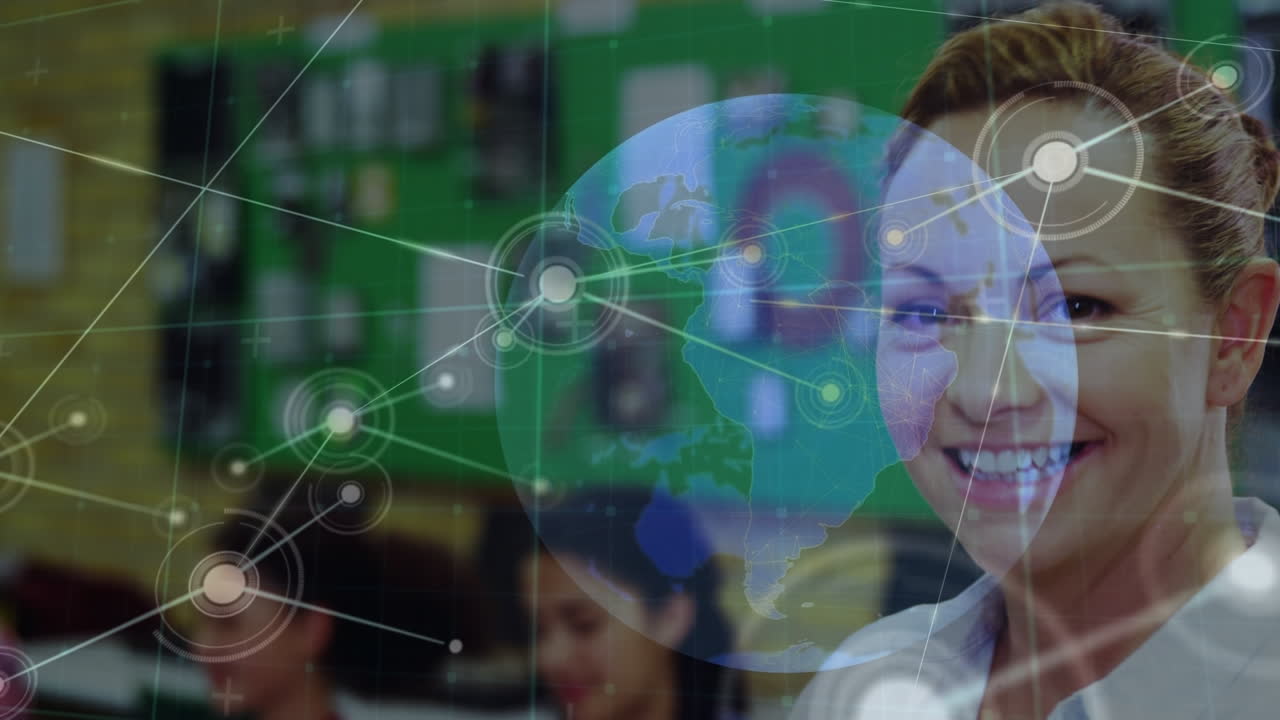 animación de la red de conexiones y el mundo sobre diversos estudiantes y maestros