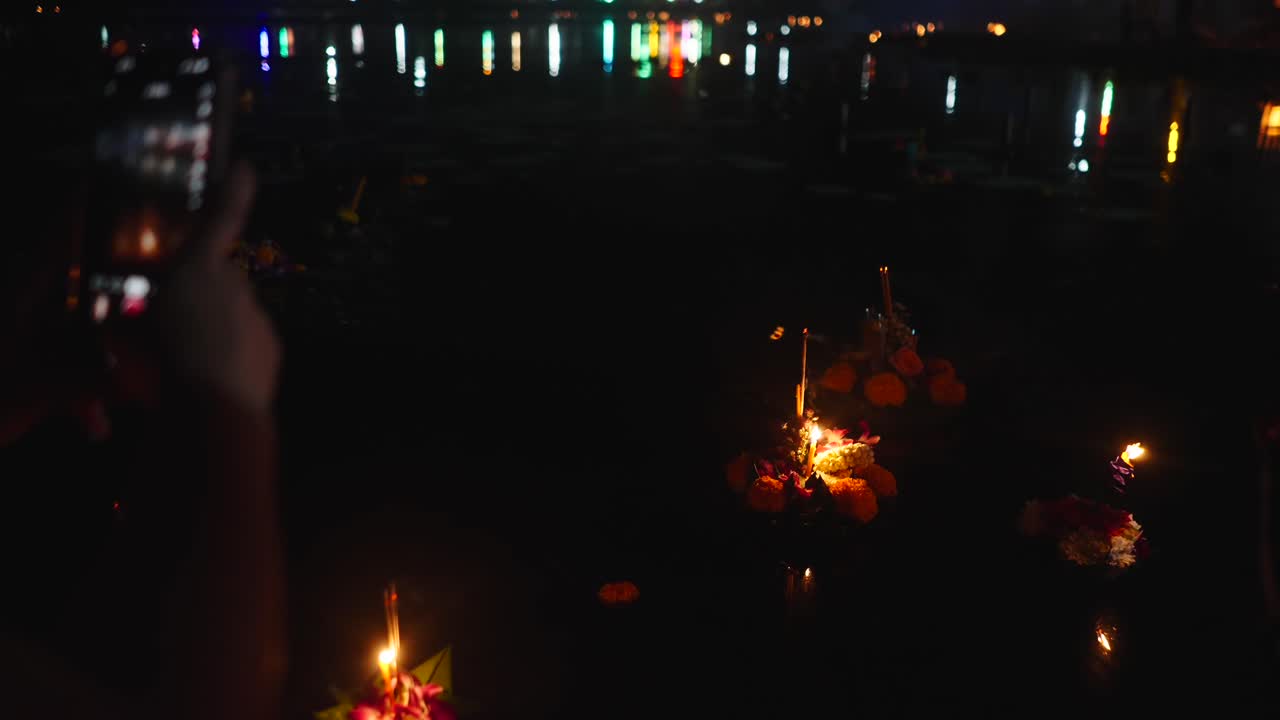 Loi Krathong Festival on the River at Night