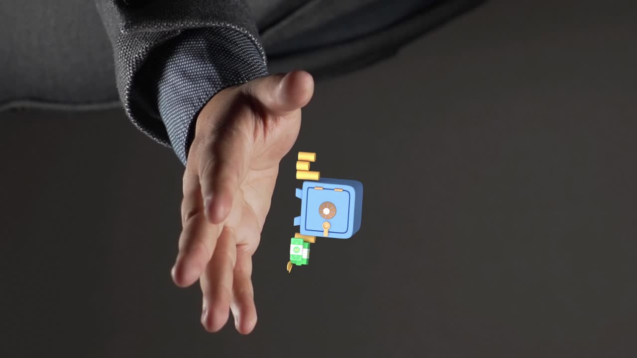 animación vertical de renderización 3d de una caja fuerte para ahorrar dinero por encima de la palma de la mano humana de un inversor