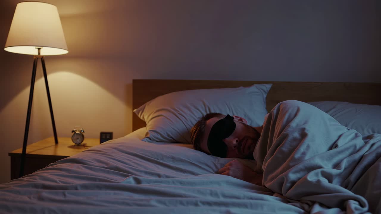 hombre durmiendo en la cama con una máscara para dormir