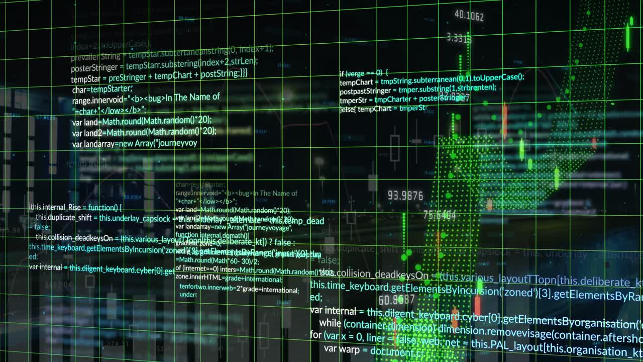 Animation of financial data processing over cityscape