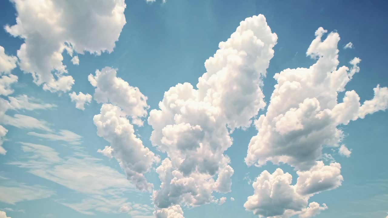 A video captures fluffy white clouds against a bright blue sky, shot from a low angle