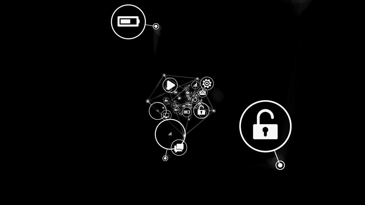Icone che scorrono nello spazio astratto con linee connesse su sfondo nero. Bellissima animazione 3D in loop. Concetto di tecnologia digitale e informazione