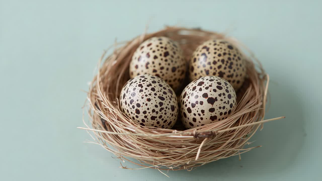 Zooming camera moving closer to woven straw nest on mint table, highlighting four speckled eggs