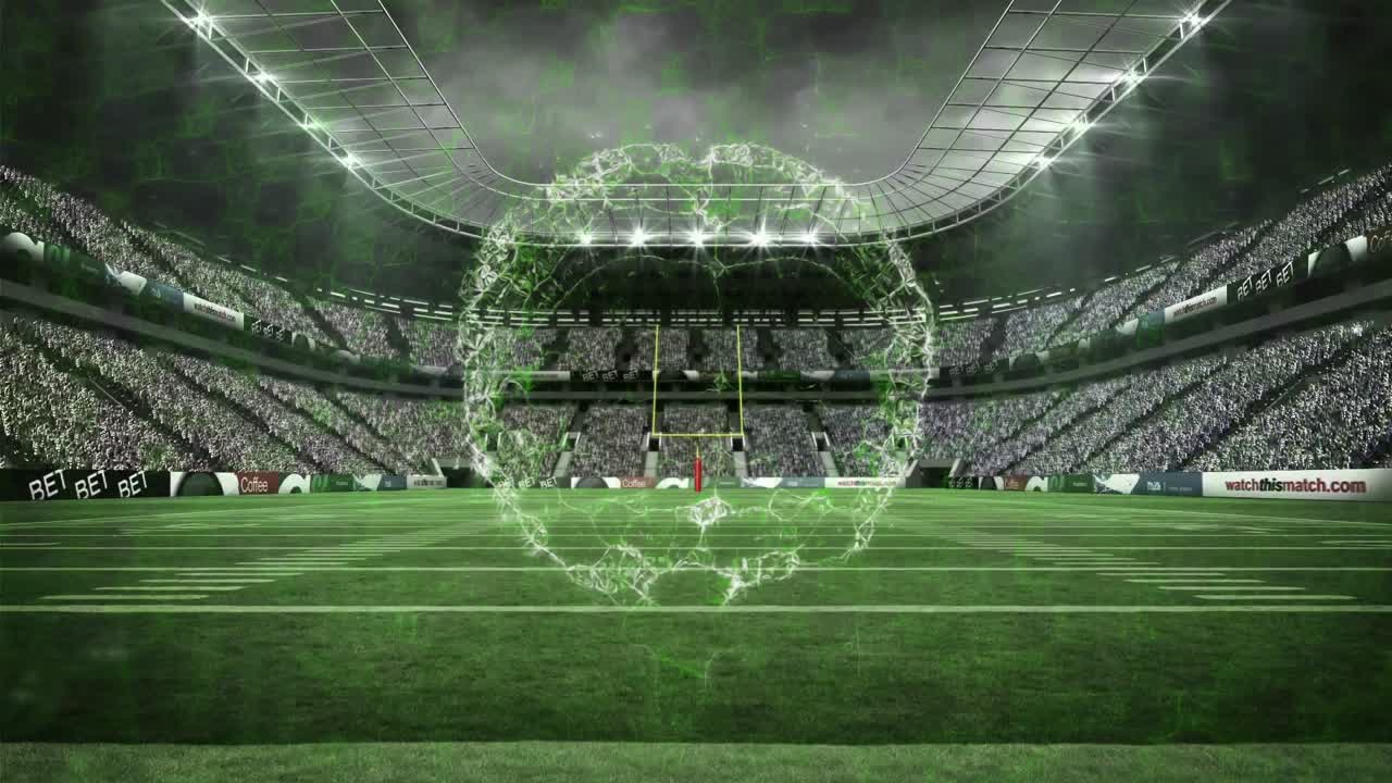 Foschia fumosa che si estende sui posti dello stadio, generando lampi che formano una sfera di energia verde in dissolvenza.