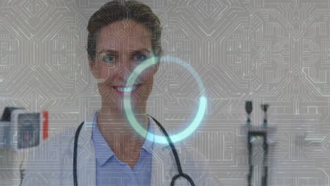 Animation-of-loading-circle-and-circuit-board-pattern-over-female-caucasian-doctor