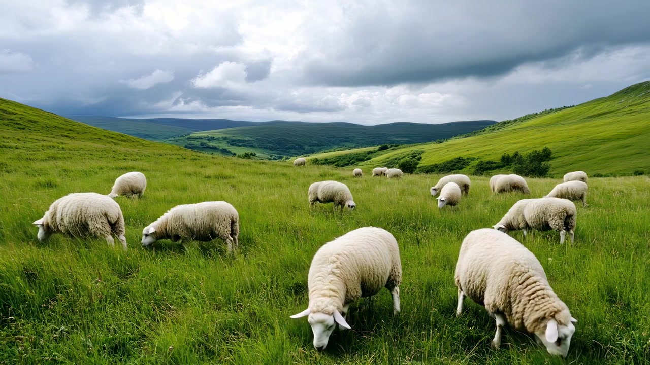 Rebanho de Ovelhas Pastando em um Pasto Verde Ondulado Sob um Céu Nublado