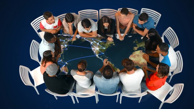 A group of people in a table and world map