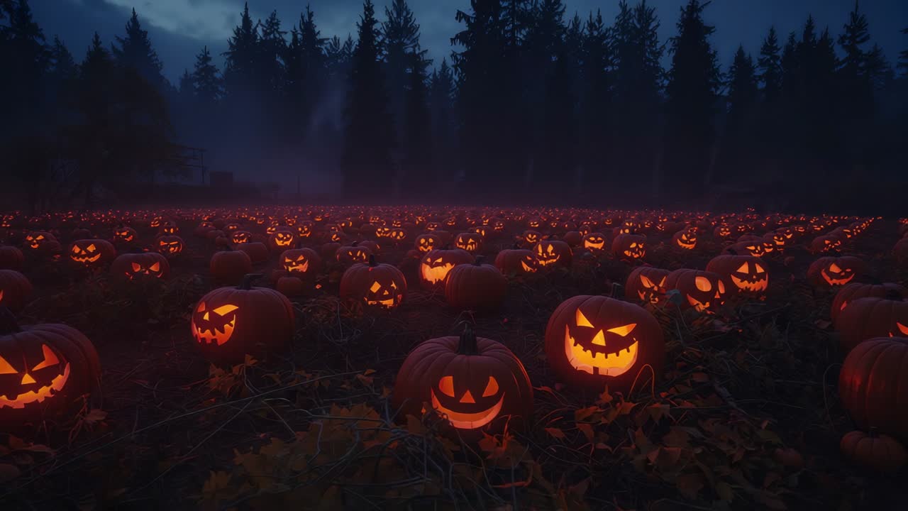 Opening wide shot as camera gliding forward into pumpkin patch at dusk with flickering pumpkins
