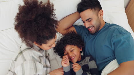 family, tickle and play in bed