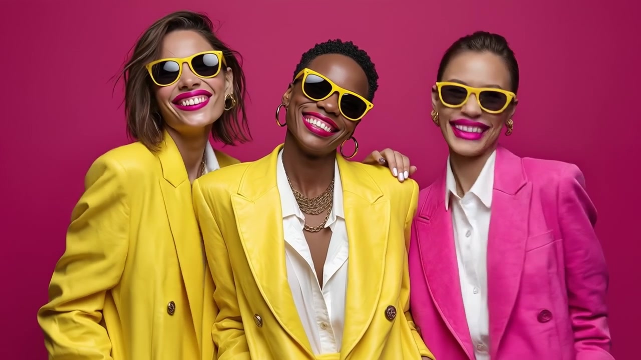 Three joyful women wearing colorful suits and bright sunglasses laughing together against a pink background