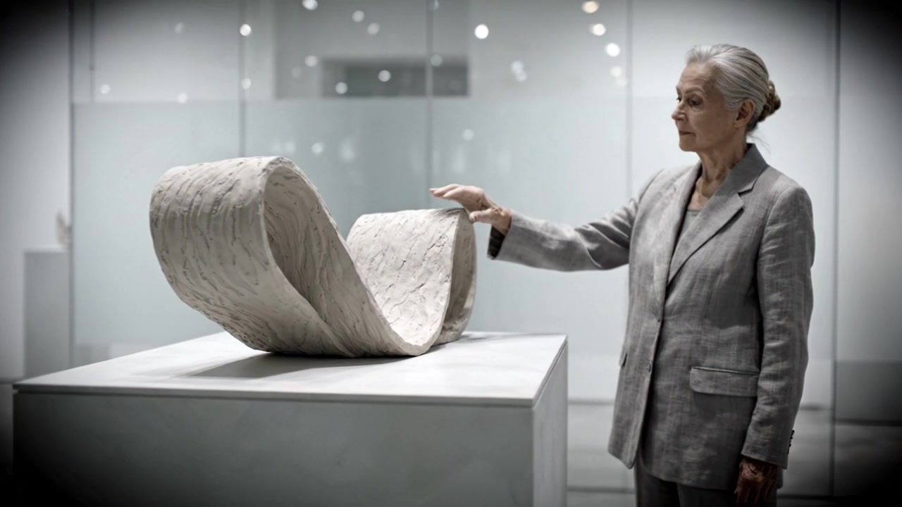 Una scultura elegante: una donna pensierosa che interagisce con un'opera d'arte moderna in uno spazio di galleria contemporanea, riflettendo sull'espressione artistica e sul design.