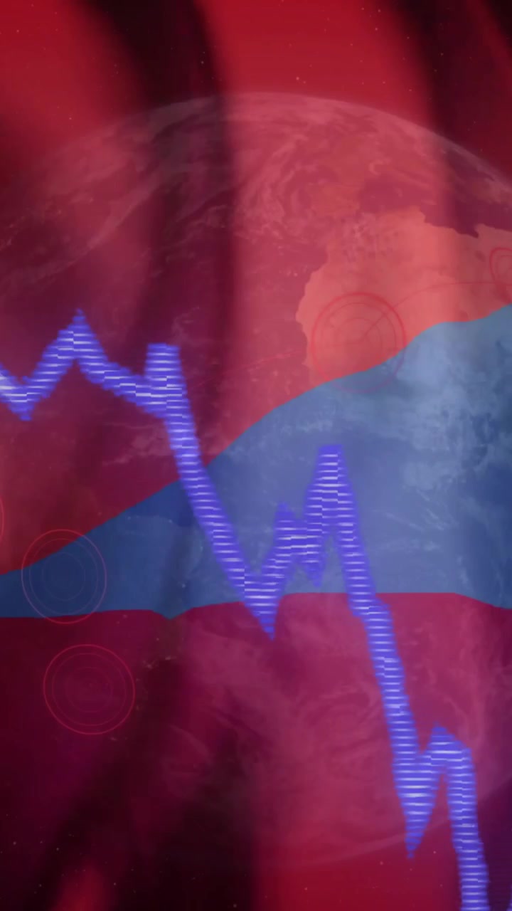 Animazione di grafico del mercato azionario su bandiere cinese e russa con la Terra sullo sfondo