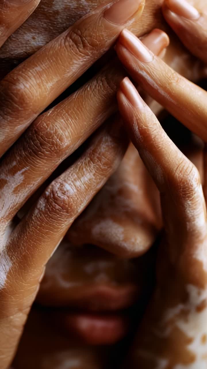 Rituel de purification : un voyage en gros plan dans les soins de la peau, axé sur le savon et l’expression émotionnelle à travers les mains et le visage d’une personne qui prend soin d’elle